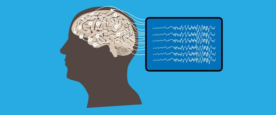 Illustration of human brain and electroencephalography or EEG recording and brain waves
