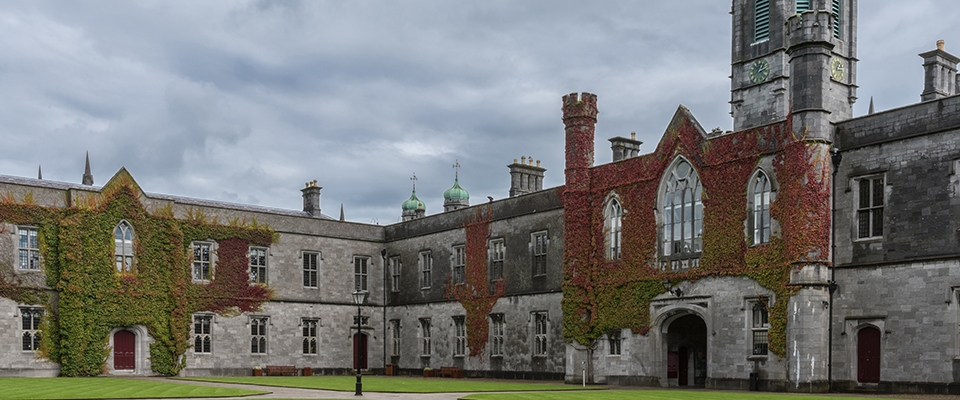 Iconic historic Quadrangle and clock tower at the University of Galway, Ireland.