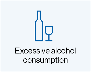 Blue box with a bottle and a glass icon with text saying 'Excessive alcohol consumption'