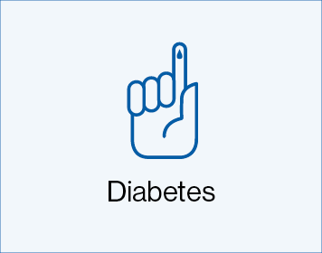 Blue box with blue hand with index finger raised up with text saying 'Diabetes'.