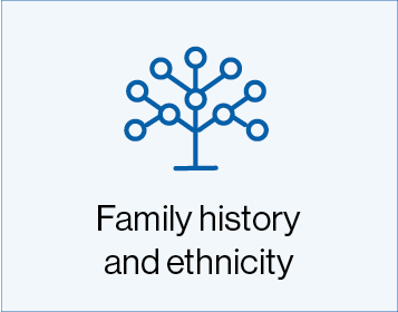 Blue box with tree icon with text saying 'Family history and ethnicity'.