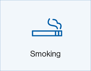 Blue box with blue image of a cigarette and 2-smoke lines with text saying 'Smoking'.