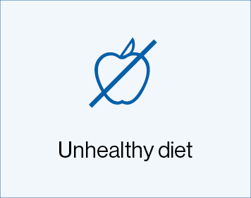 Blue box an apple icon with a line going through it with text saying 'Unhealthy diet'